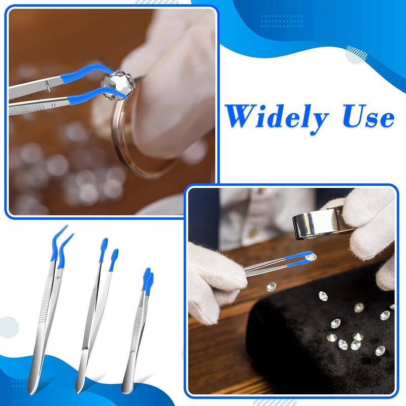 Anglekai 3PCS Tip Tweezers, Silicone Rubber Flat Tipped Tweezers Bent Tip for Jewelry Coin Stamp (Blue) - Image 5